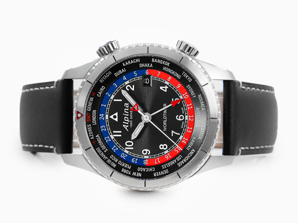 Alpina Startimer Pilot Quartz Worldtimer Uhr, 41 mm, Schwarz, AL-255BRB4S26