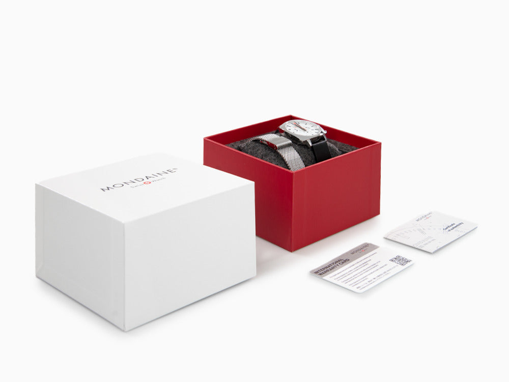 Mondaine Cushion Quartz Uhr, Weiss, 41 mm, Lederband, MSL.41410.LBV.SET