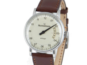 Meistersinger Vintago Automatik Uhr, SW 200-1, 38mm, Beige, Lederband, VT903
