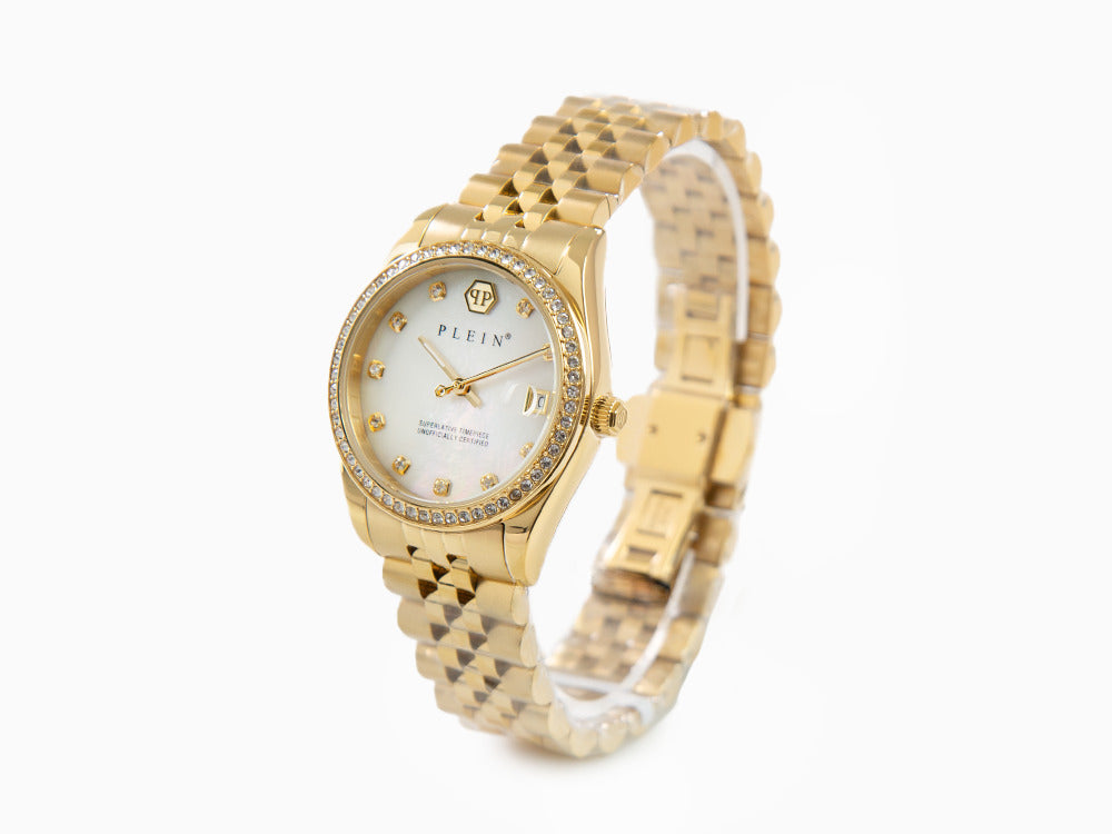 Philipp Plein Date Superlative Quartz Uhr, PVD Gold, Weiss, 34 mm, PWYAA0323