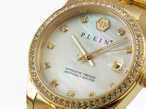 Philipp Plein Date Superlative Quartz Uhr, PVD Gold, Weiss, 34 mm, PWYAA0323