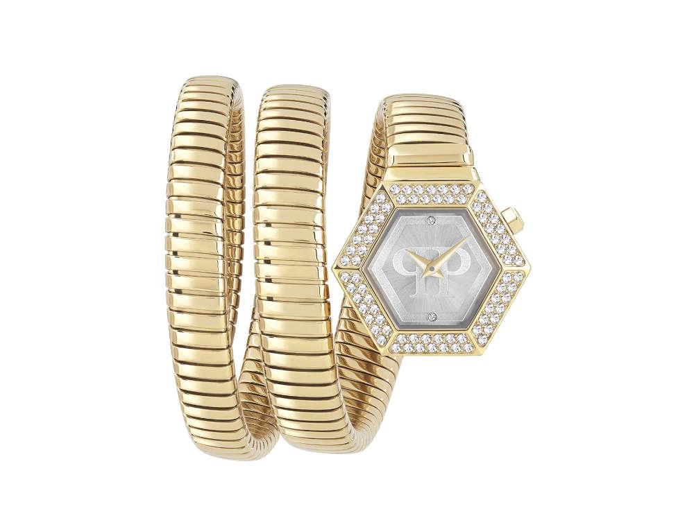 Philipp Plein Snake Hexagon Quartz Uhr, PVD Gold, Silber, 28 mm, PWZAA0423