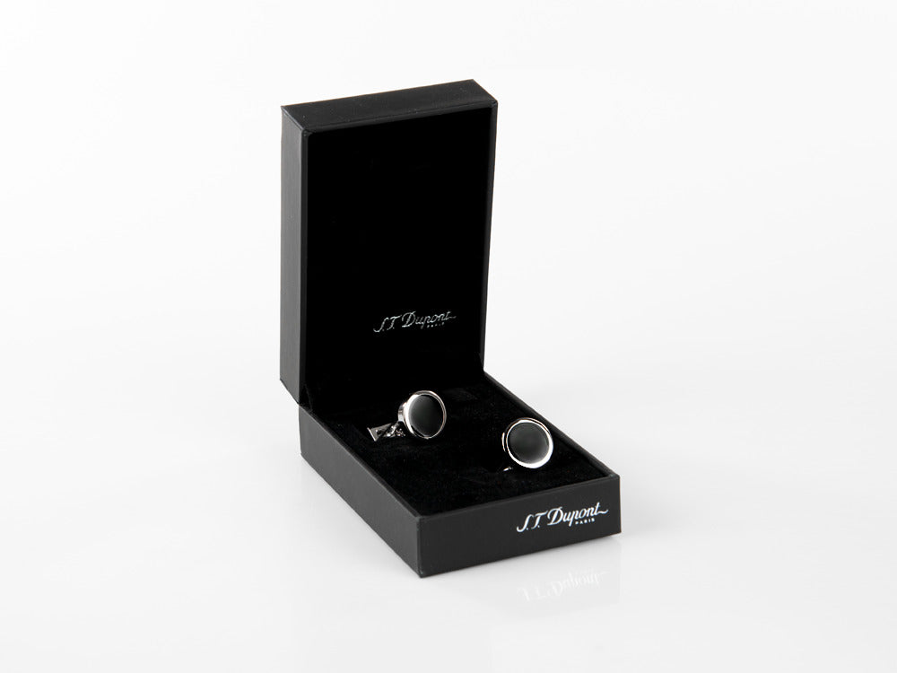 S.T. Dupont Round Manschettenknöpfe, Stahl, schwarzer Lack, Palladium, 005576