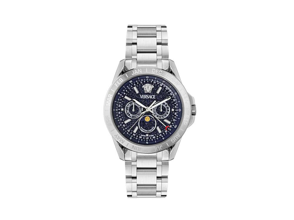 Versace V-Galaxy Moonphase Quartz Uhr, Blau, 43 mm, Shapir-Glas, VE0K00125