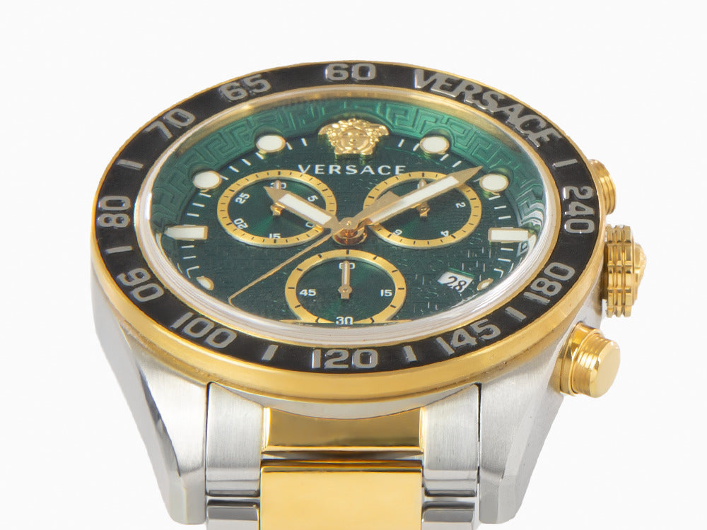 Versace Greca Dome Chrono Quartz Uhr, PVD Gold, Grün, 43 mm, VE6K00423