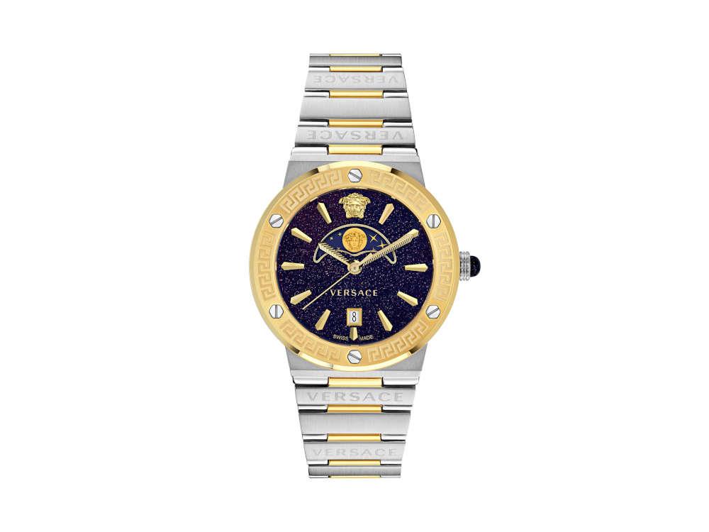 Versace Greca Logo Moonphase Quartz Uhr, PVD Gold, Blau, 38 mm, VE7G00223