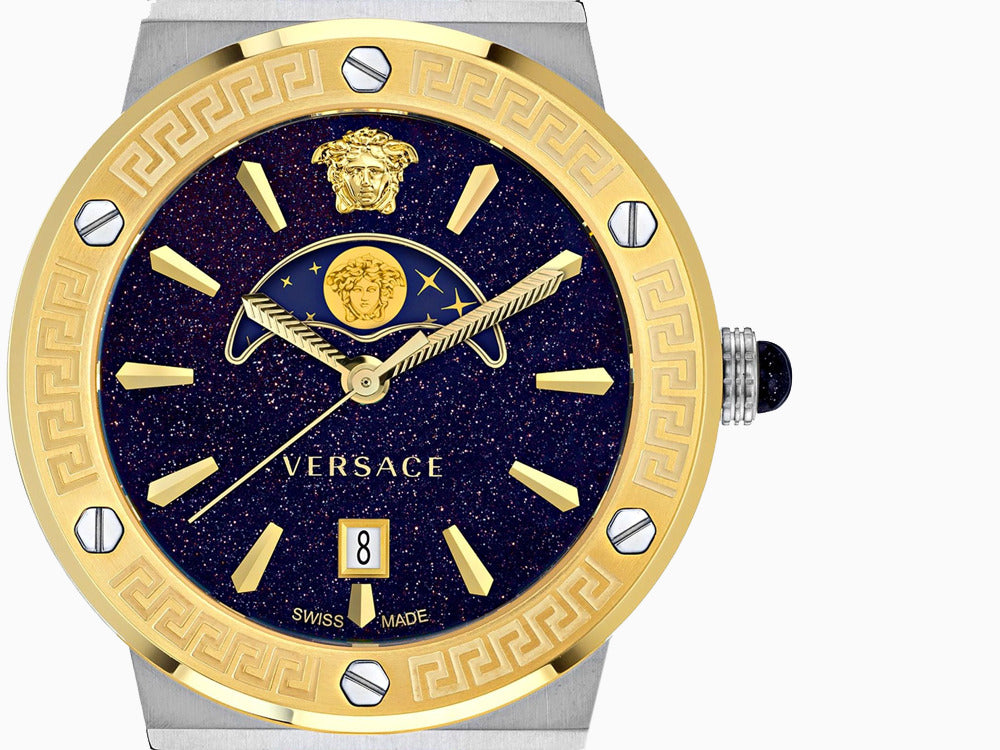 Versace Greca Logo Moonphase Quartz Uhr, PVD Gold, Blau, 38 mm, VE7G00223