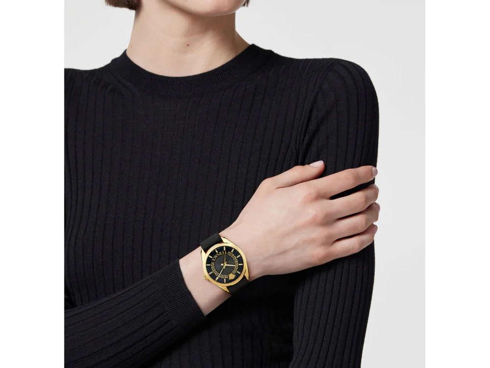 Versace New V Circle Quartz Uhr, PVD Gold, 36 mm, Shapir-Glas, VE8A00224