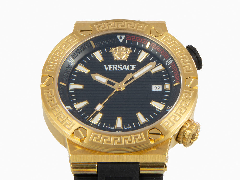 Versace Greca Logo Diver Quartz Uhr, PVD Gold, Schwarz, 43 mm, VE8G00324