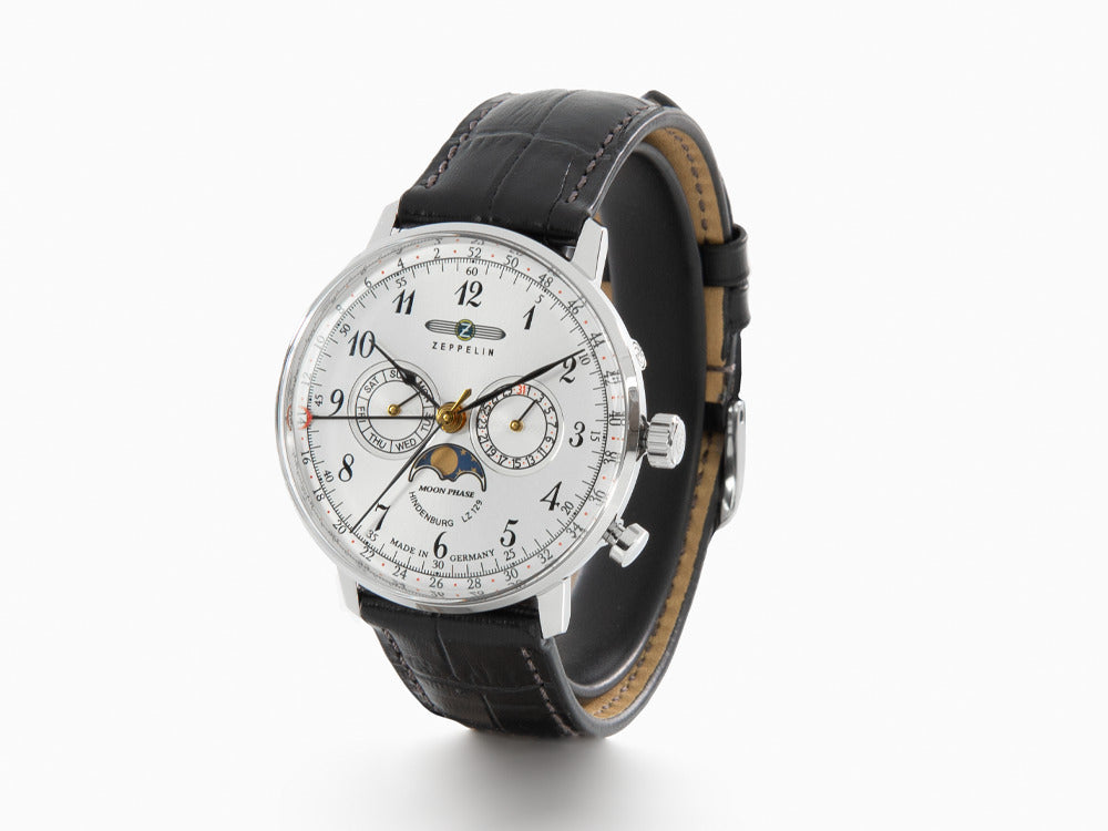Zeppelin LZ 129 Hindenburg Moonphase Quartz Uhr, Silber, 40 mm, Datum, 7036-1
