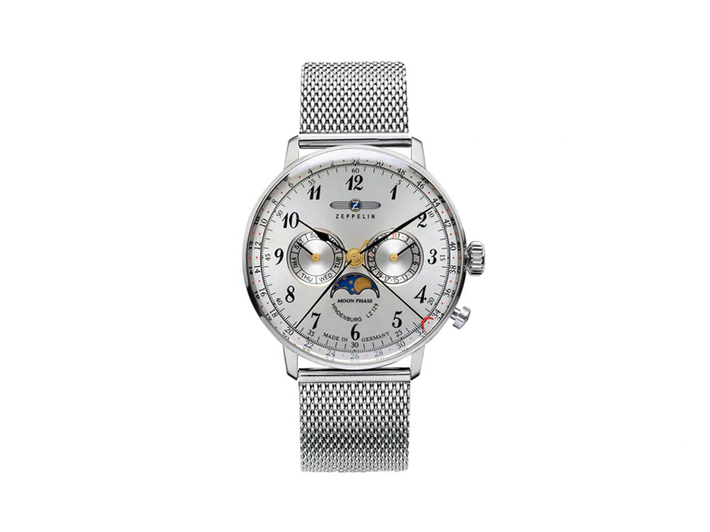 Zeppelin LZ 129 Hindenburg Moonphase Quartz Uhr, 40mm, Silber, 7036M-1