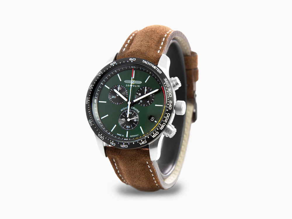 Zeppelin Night Cruise Quartz Uhr, Grün, 42 mm, Chronograph, Tag, 7288-4