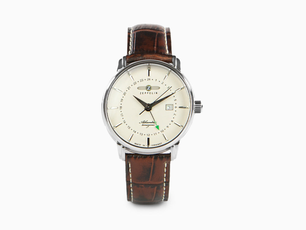 Zeppelin Atlantic Quartz Uhr, Weiss, 41 mm, Tag, Lederband, 8442-5