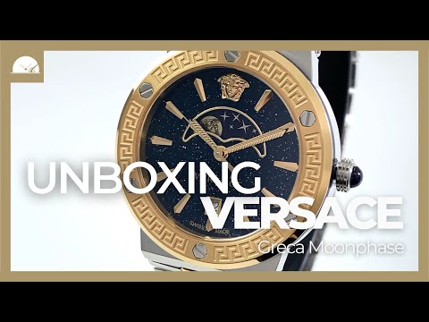 Versace Greca Logo Moonphase Quartz Uhr, PVD Gold, Blau, 38 mm, VE7G00223