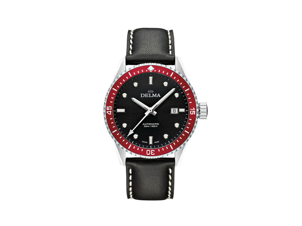 Delma Diver Cayman Automatik Uhr, Schwarz, 42 mm, Lederband, 41601.706.6.036
