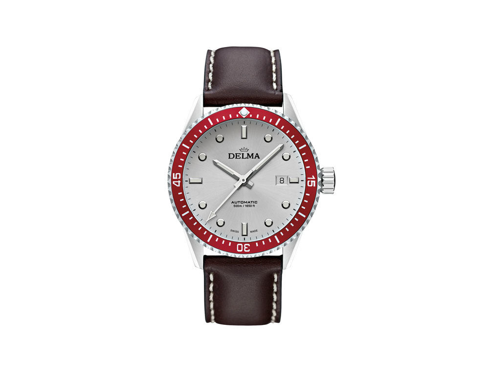Delma Diver Cayman Automatik Uhr, Silber, 42 mm, Lederband, 41601.706.6.066
