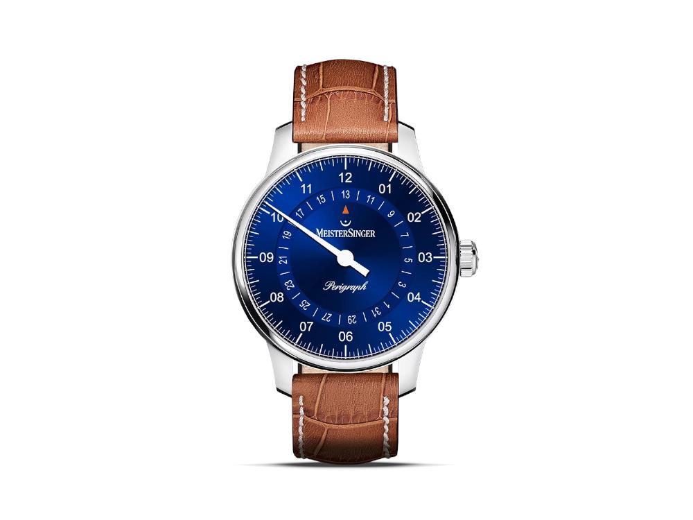 Meistersinger Perigraph Automatik Uhr, SW 300, 38 mm, Blau, Lederband, BM1108