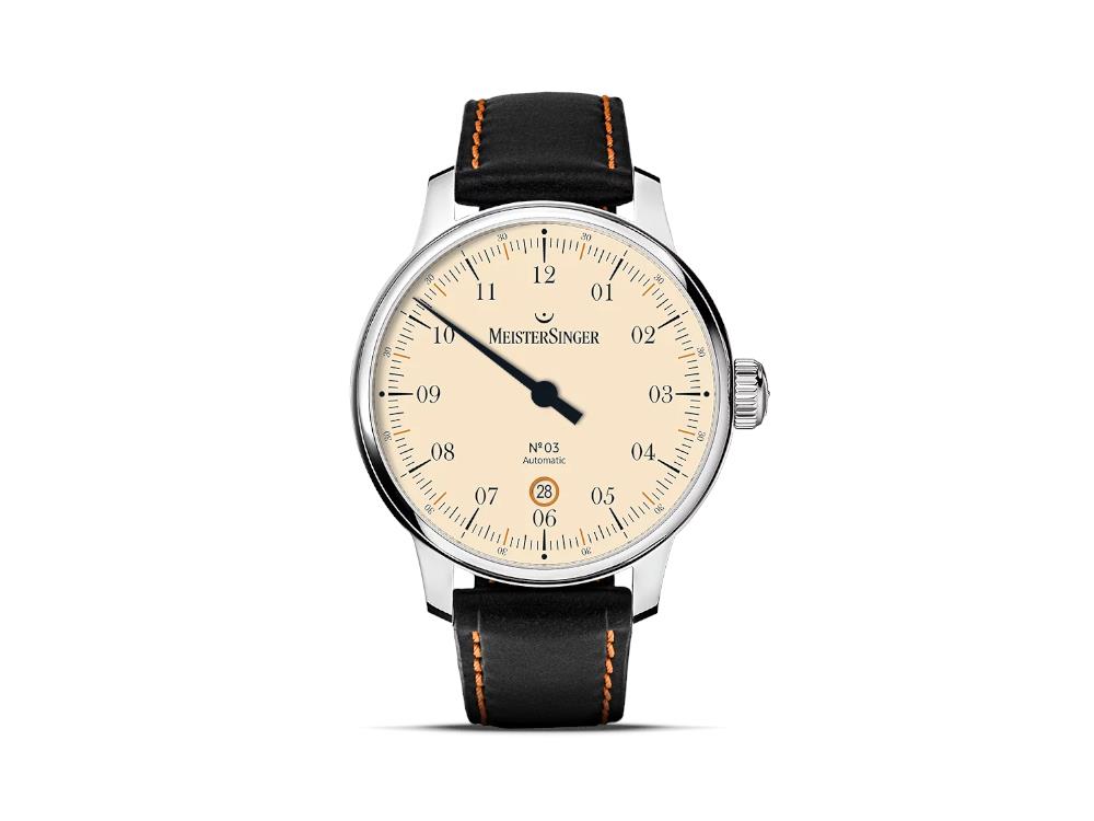 Meistersinger N3 - 40 mm Ivory Automatik Uhr, SW 200, Schwarzes Leder, DM903C