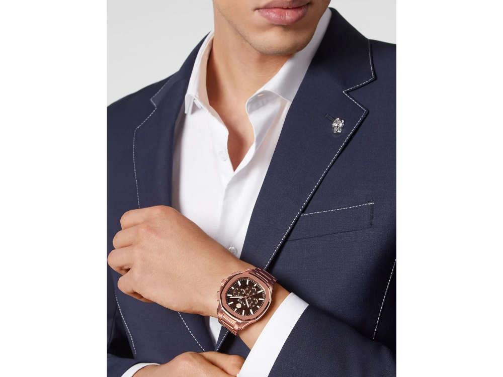 Philipp Plein 44 mm Quartz Uhr, PVD Rose Gold, Braun, Mineral Glas, PWSAA0623