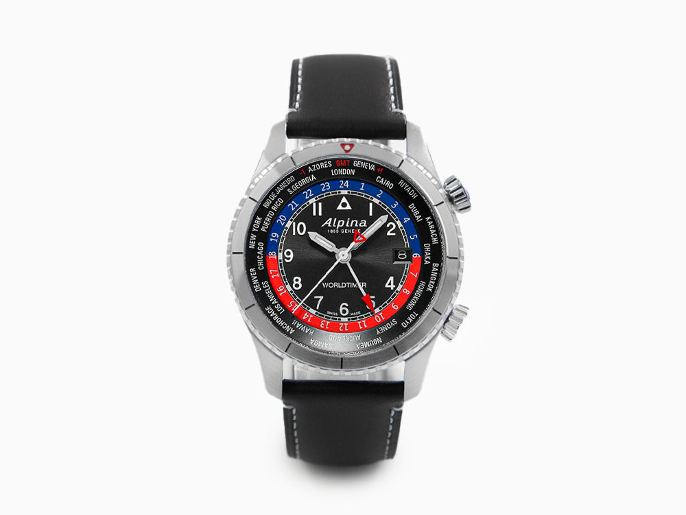 Alpina Startimer Pilot Quartz Worldtimer Uhr, 41 mm, Schwarz, AL-255BRB4S26