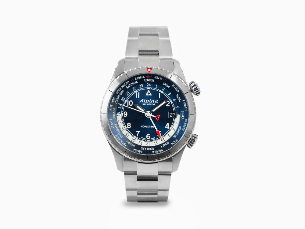 Alpina Startimer Pilot Quartz Worldtimer Uhr, 41 mm, Blau, Tag, AL-255N4S26B
