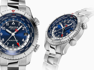 Alpina Startimer Pilot Quartz Worldtimer Uhr, 41 mm, Blau, Tag, AL-255N4S26B
