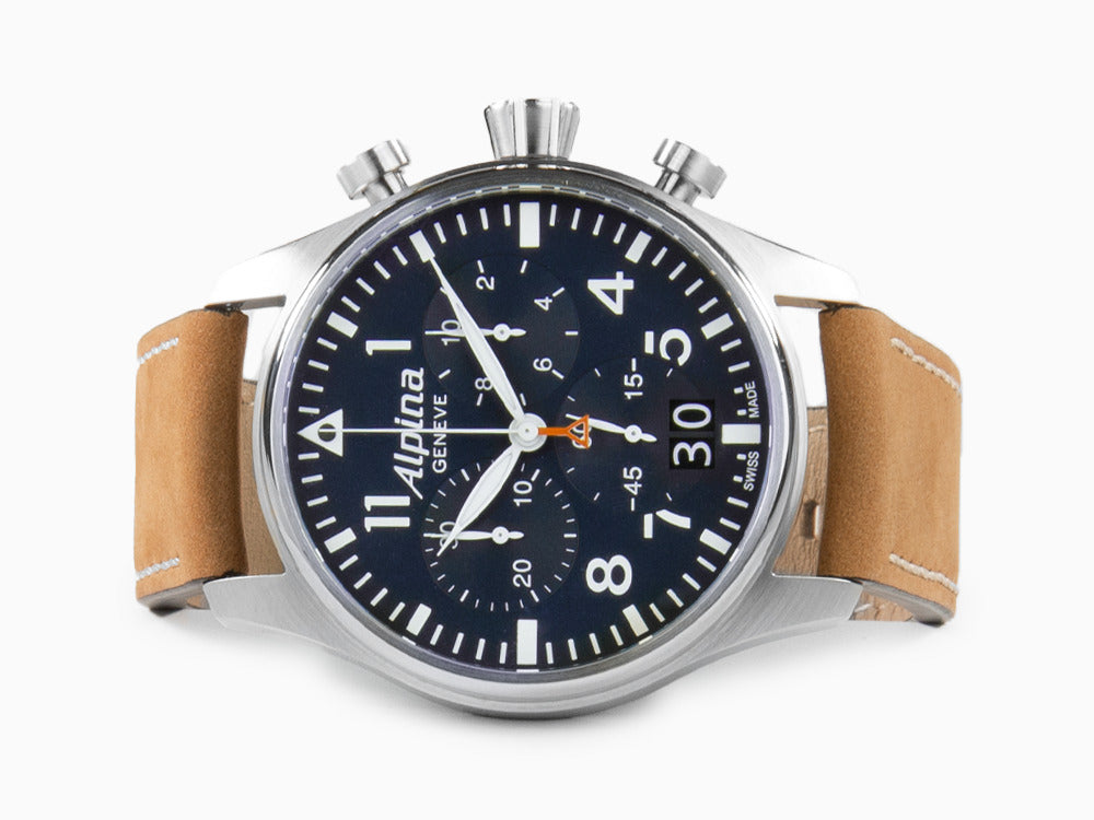 Alpina Startimer Pilot Chronograph Big Date Quartz Uhr, AL-372, Blau, Lederband