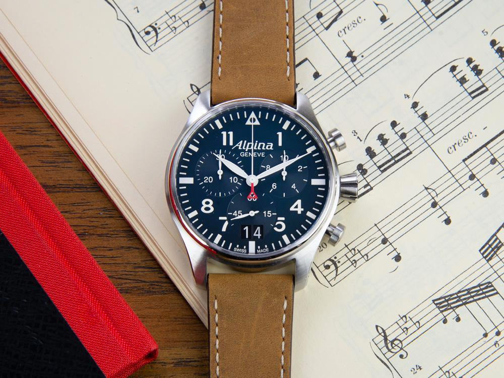 Alpina Startimer Pilot Chronograph Big Date Quartz Uhr, AL-372, Blau, Lederband