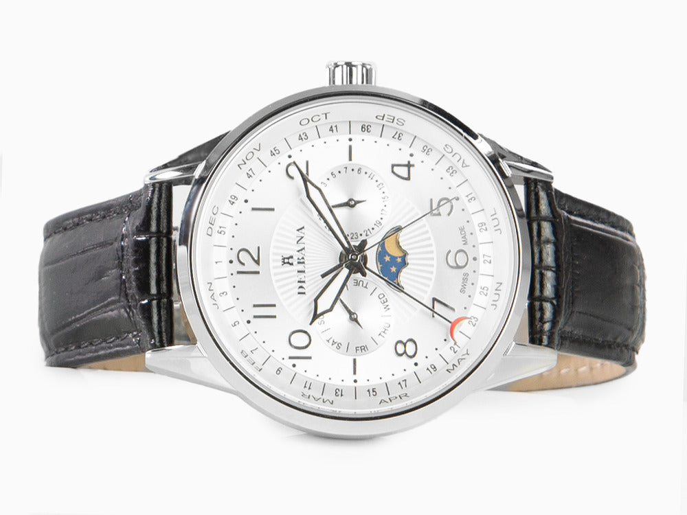 Delbana Classic Retro Moonphase Quartz Uhr, 42 mm, Lederband, 41601.646.6.064