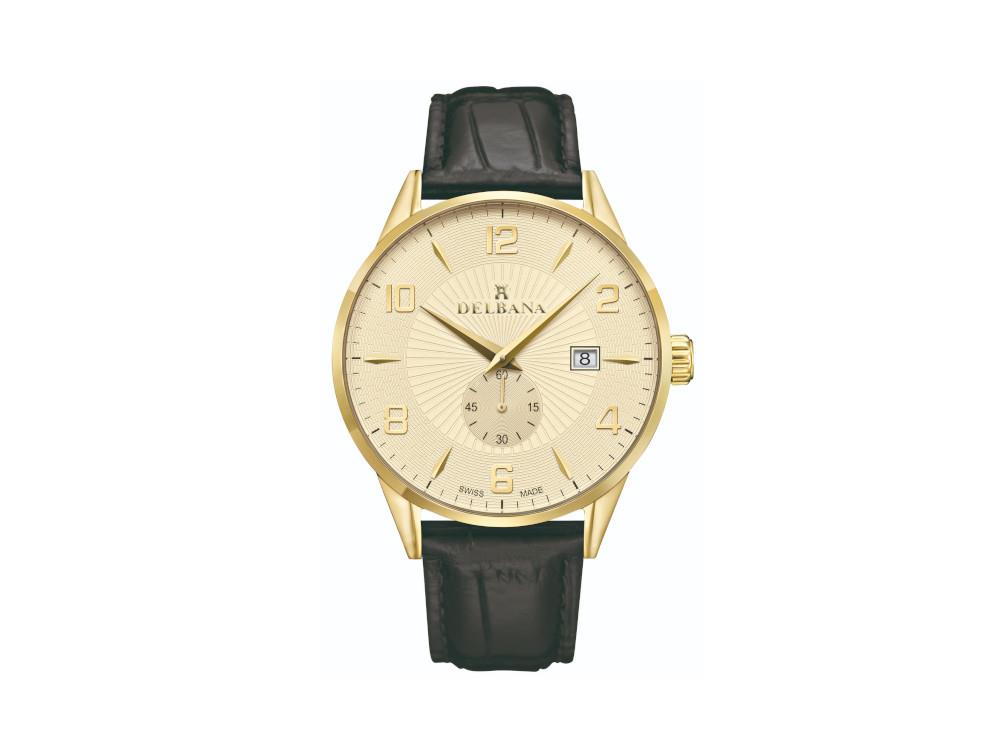 Delbana Classic Retro Quartz Uhr, Gold, 42 mm, Lederband, 42601.622.6.024