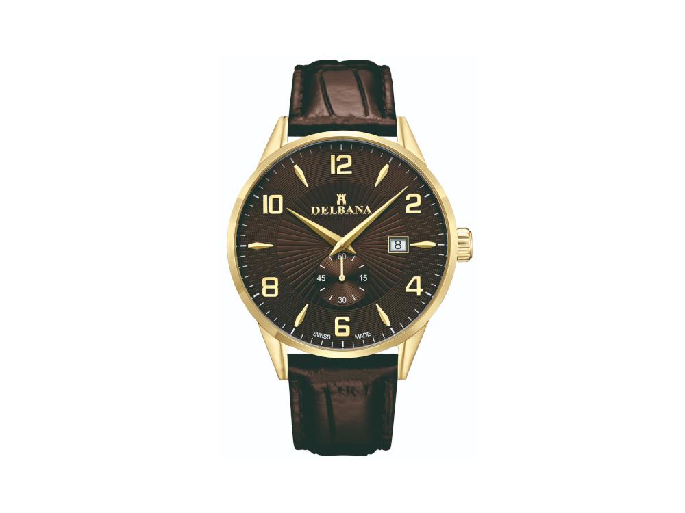 Delbana Classic Retro Quartz Uhr, Braun, 42 mm, Lederband, 42601.622.6.104