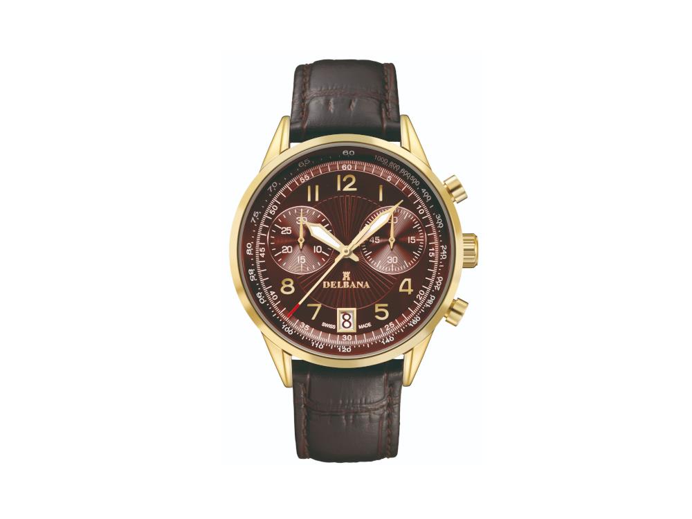 Delbana Classic Retro Quartz Uhr, PVD, Braun, 42 mm, Lederband, 42601.672.6.104