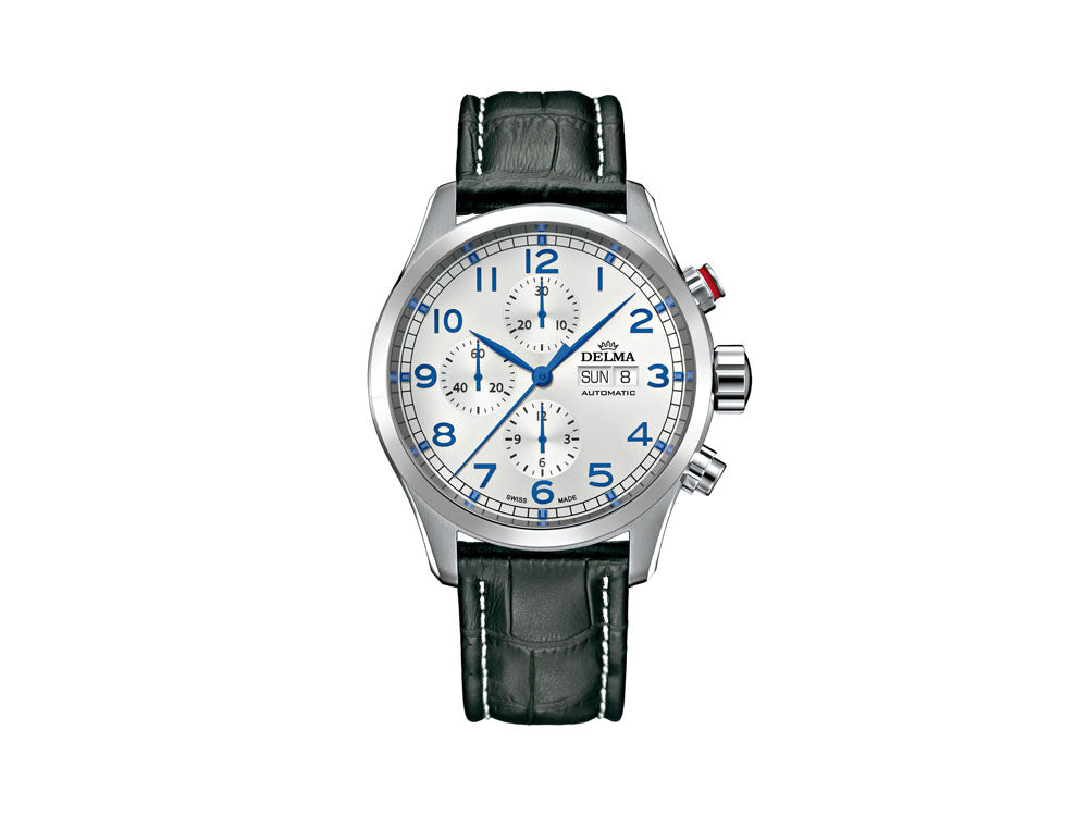 Delma Aero Pioneer Chrono Automatik Uhr, Silber, 45 mm, Leder, 41601.580.6.062