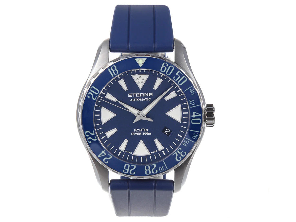 Eterna KonTiki Diver Gent Automatik Uhr, SW 200, 44mm, Silikoneband, Blau