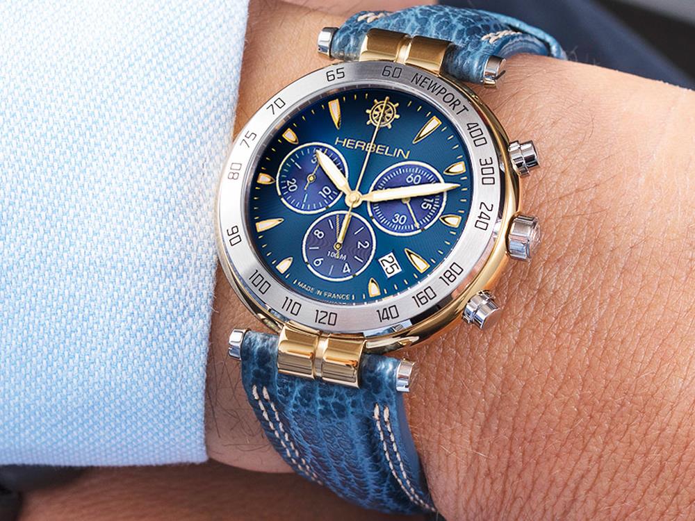 Herbelin Newport Quartz Uhr, PVD Gold, Blau, 40 mm, Chronograph, 37654T35