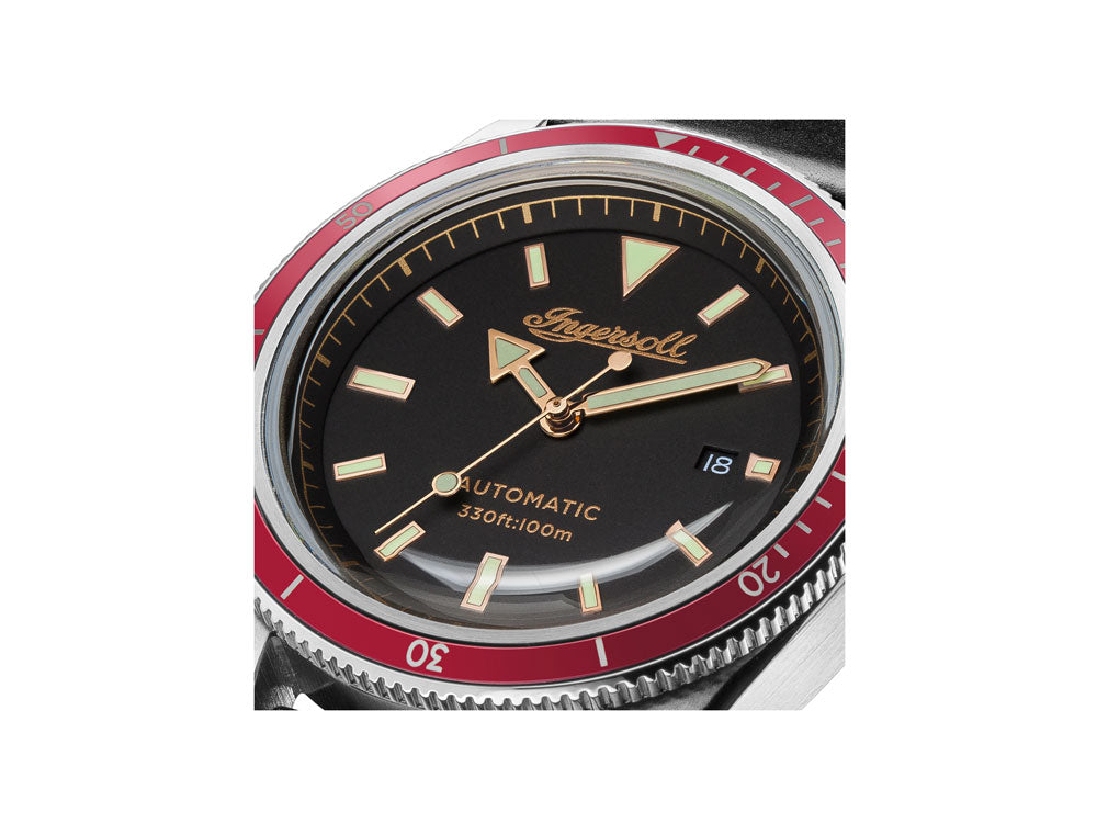 Ingersoll Scovill Automatik Uhr Edelstahl 316L Schwarz Rote Lunette I05003