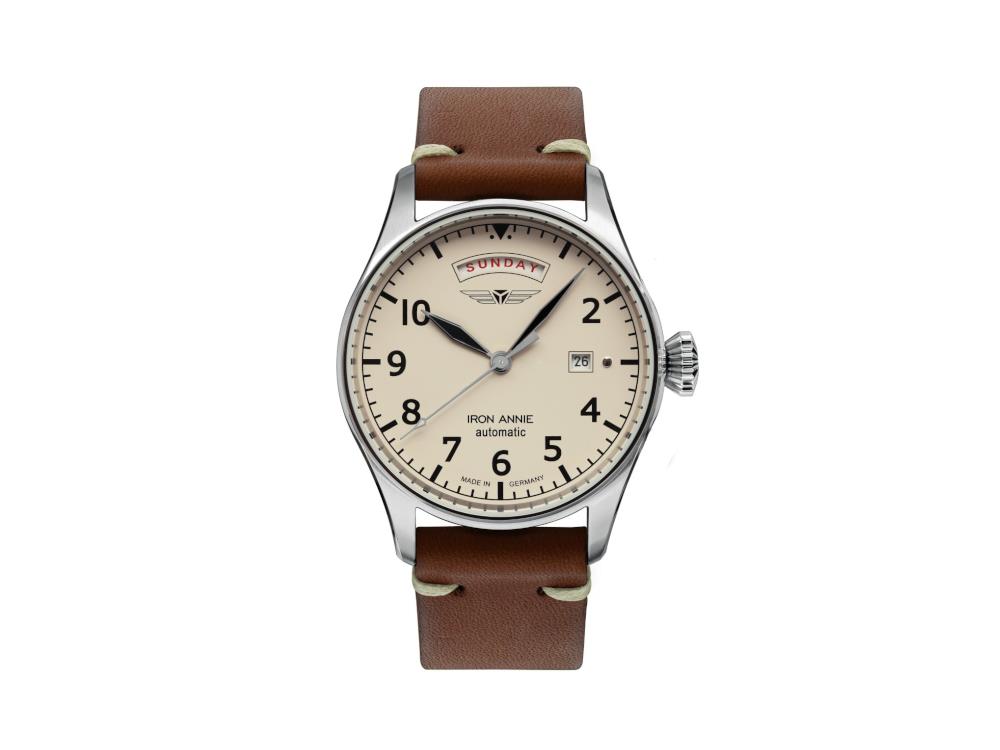 Iron Annie Cockpit Automatik Uhr, Beige, 42 mm, Lederband, Tag und Datum, 5164-3