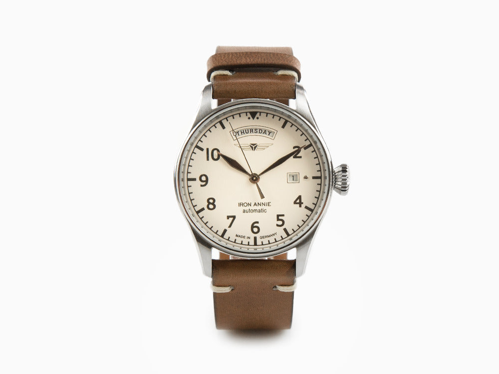 Iron Annie Cockpit Automatik Uhr, Beige, 42 mm, Lederband, Tag und Datum, 5164-3