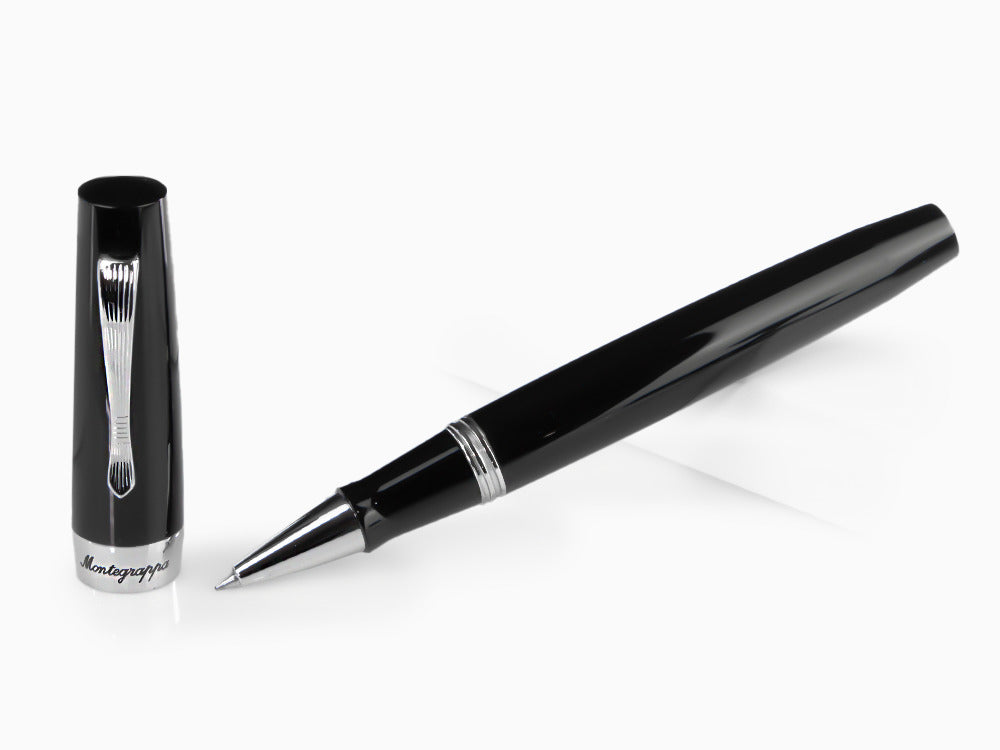 Montegrappa Elmo 02 Jet Black Roller, Schwarzes Edelharz, Edelstahl, ISE2RRAC