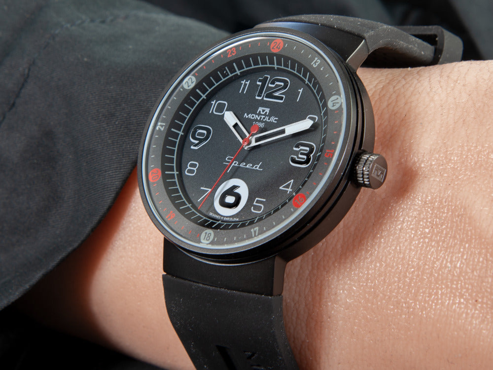 Montjuic Standard Quartz Uhr, Edelstahl 316L, Schwarz, 43 mm, MJ1.0102.B