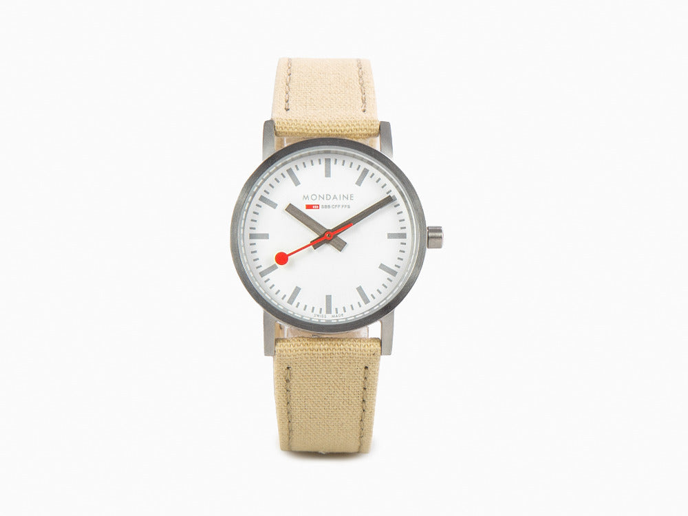 Mondaine Classic Quartz Uhr, Weiss, 30 mm, Leinenuhrband, A658.30323.17SBK