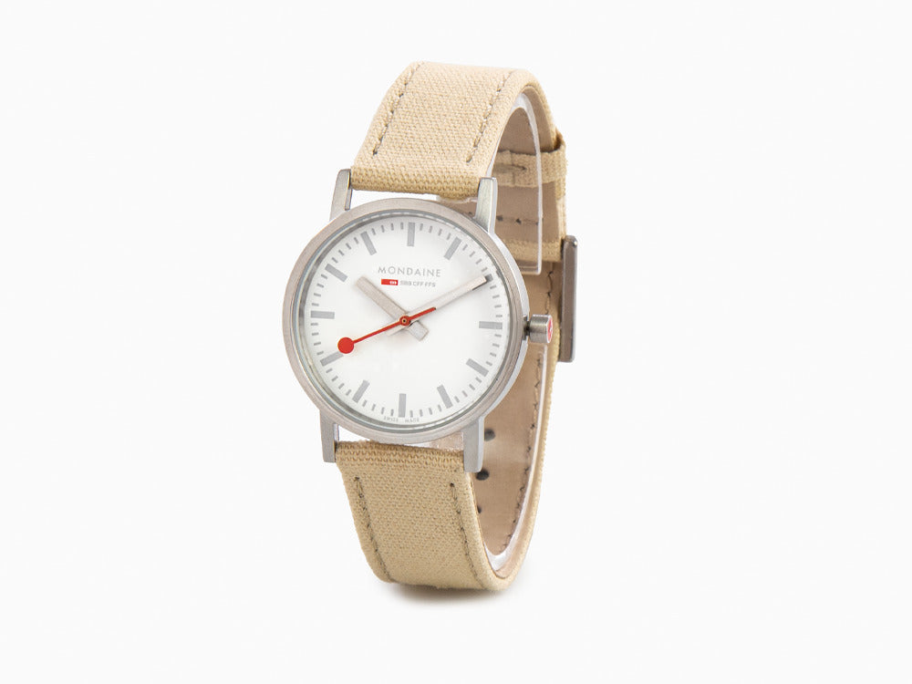 Mondaine Classic Quartz Uhr, Weiss, 30 mm, Leinenuhrband, A658.30323.17SBK