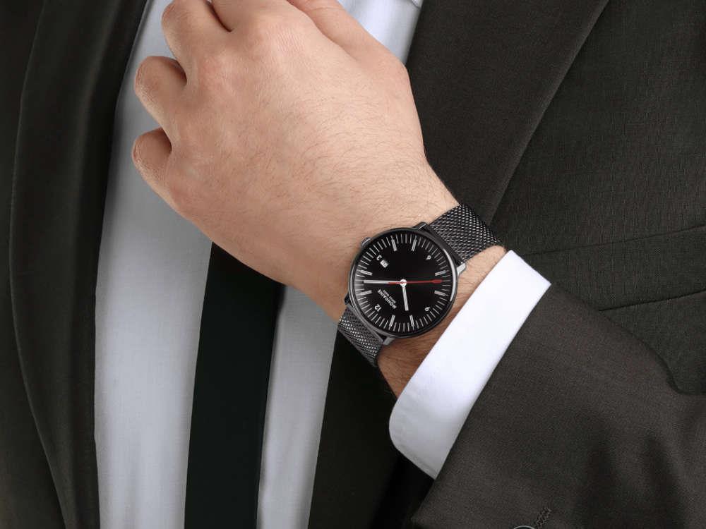 Mondaine Doppio IP Gun Quartz Uhr, Schwarz, 41 mm, MLE.41220.SM