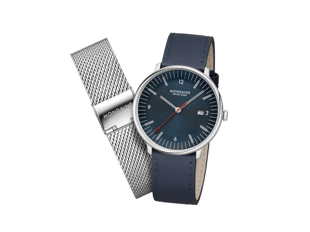 Mondaine Doppio Quartz Uhr, Blau, 41 mm, MLE.41240.LQV.SET