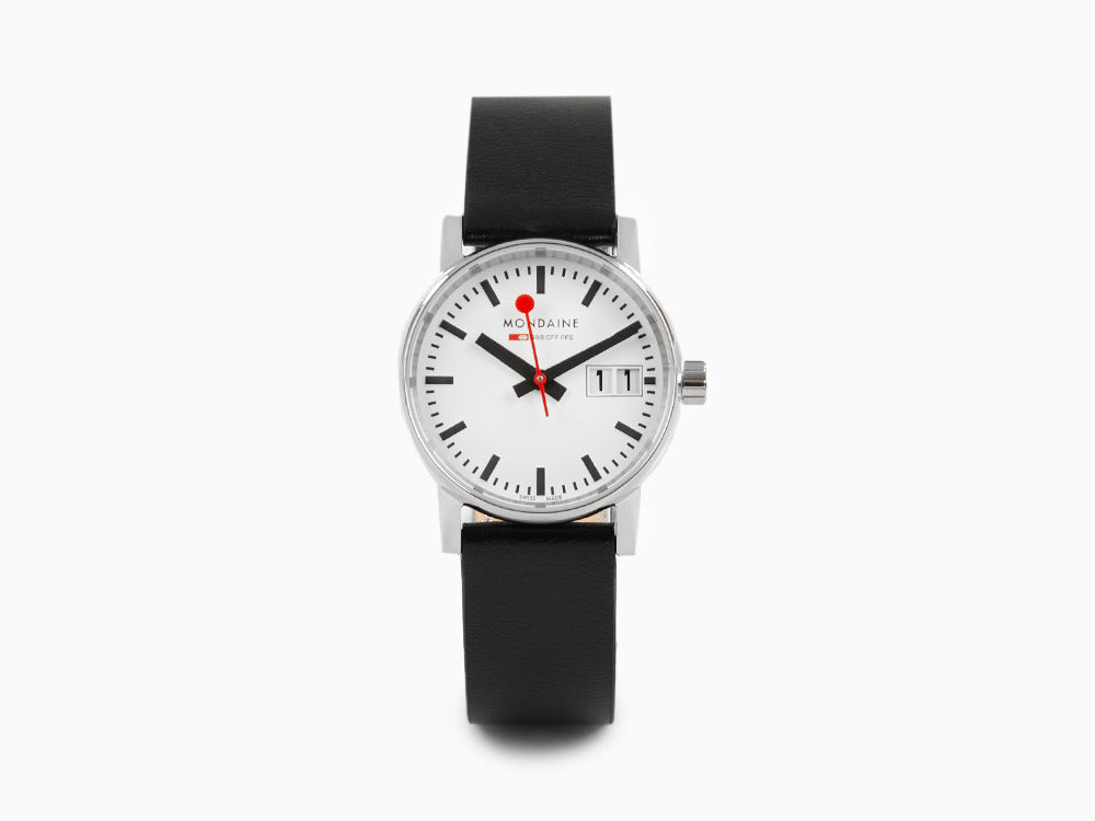 Mondaine SBB Evo2 Quartz Uhr, Weiss, 30mm, Tag, Lederband, MSE.30210.LB