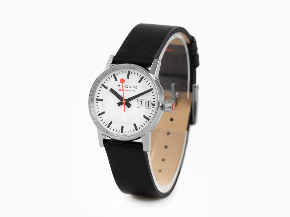 Mondaine SBB Evo2 Quartz Uhr, Weiss, 30mm, Tag, Lederband, MSE.30210.LB