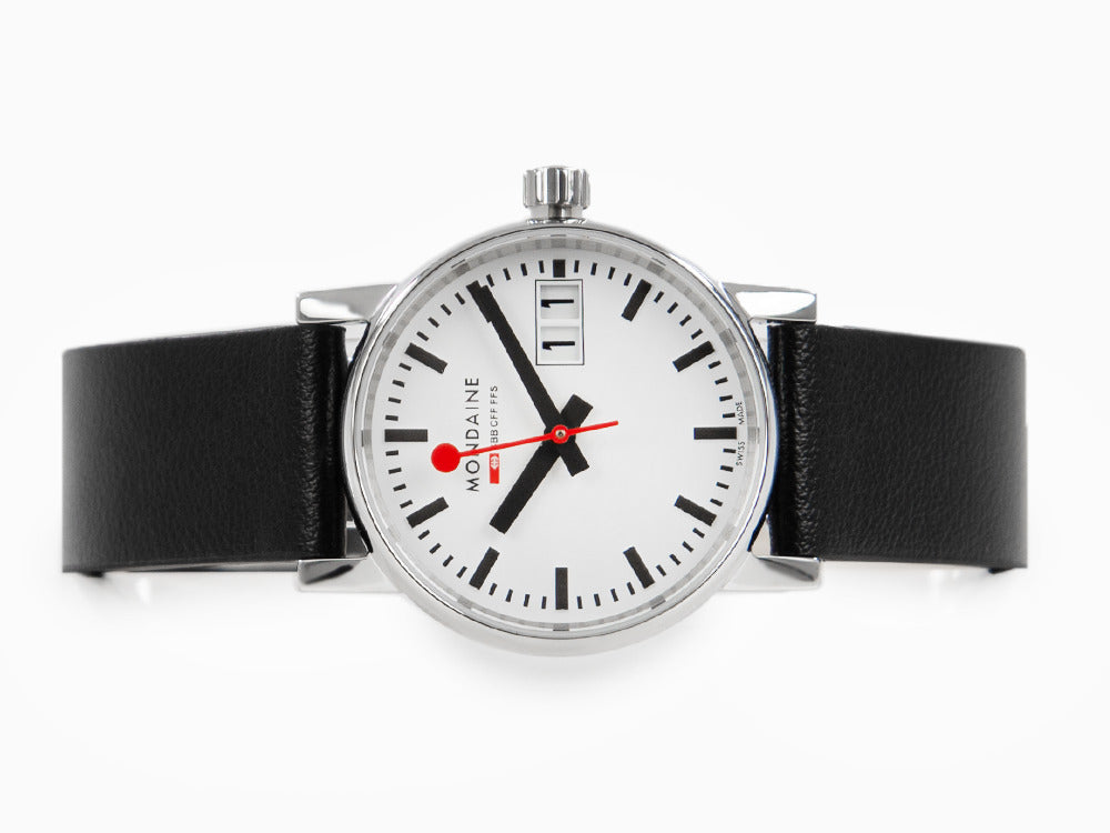 Mondaine SBB Evo2 Quartz Uhr, Weiss, 30mm, Tag, Lederband, MSE.30210.LB