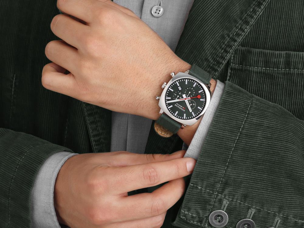 Mondaine Cushion Quartz Uhr, Grün, 41 mm, Leinenuhrband, MSL.41460.LF.SET