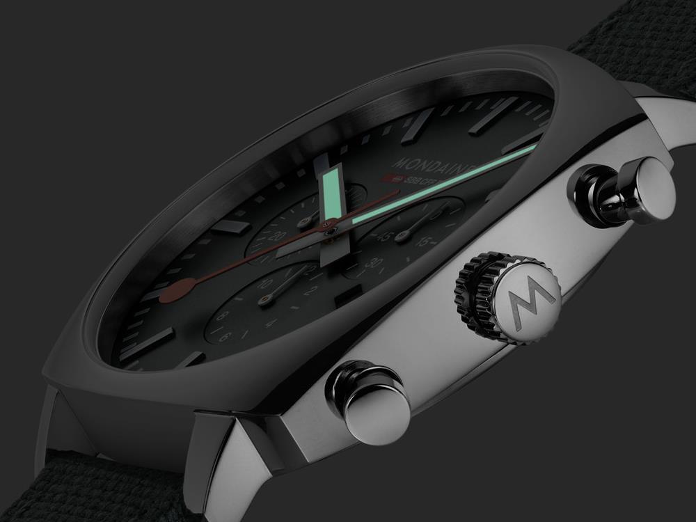 Mondaine Cushion Quartz Uhr, Grün, 41 mm, Leinenuhrband, MSL.41460.LF.SET