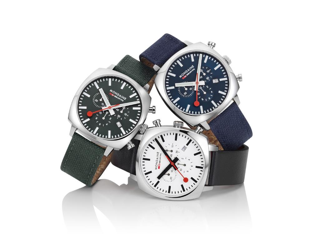 Mondaine Cushion Quartz Uhr, Grün, 41 mm, Leinenuhrband, MSL.41460.LF.SET